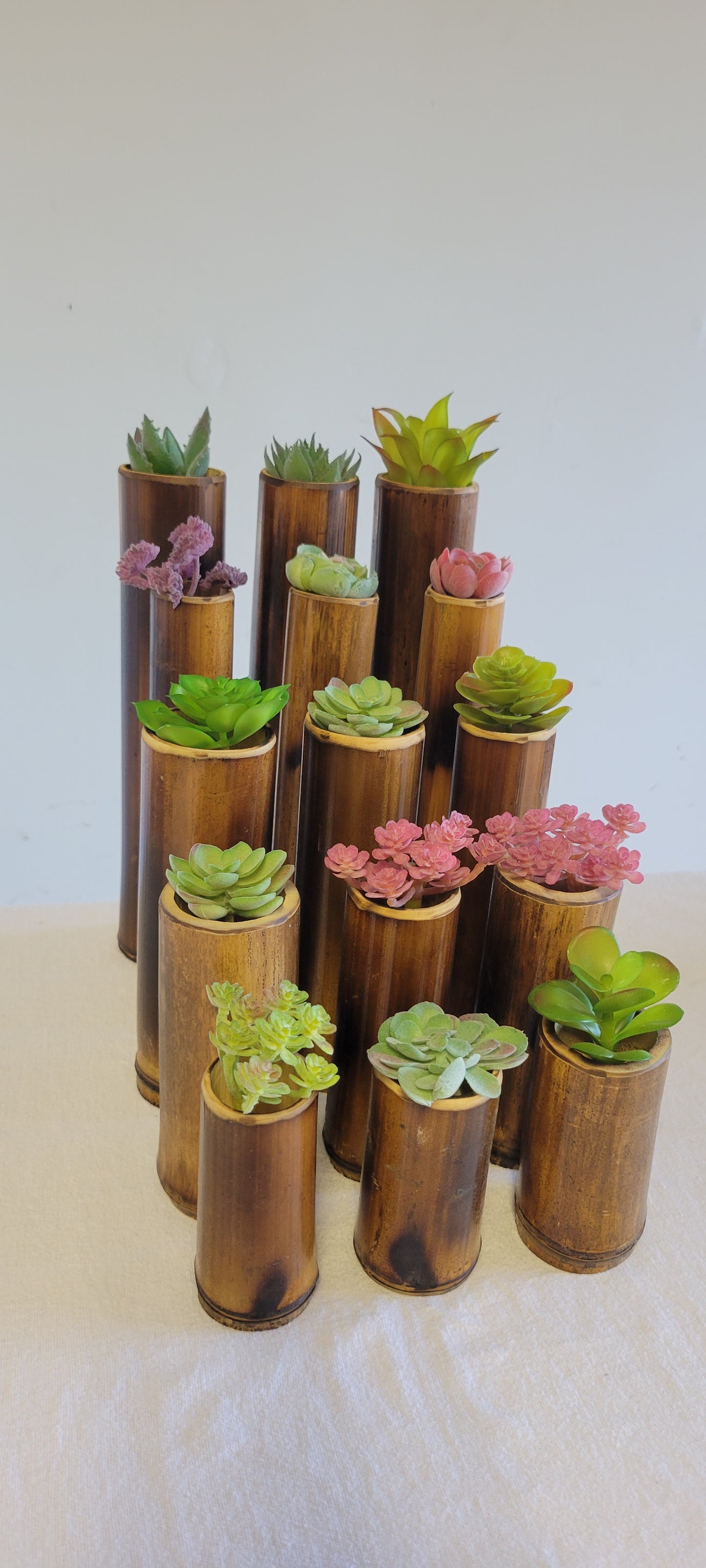 2"-2.5" Diameter - Flamed Bamboo Item Holder, Set Of 3. Choose from 4", 6", 8", 10" 12" heights. Flowers, brushes, pens, succulents, vases