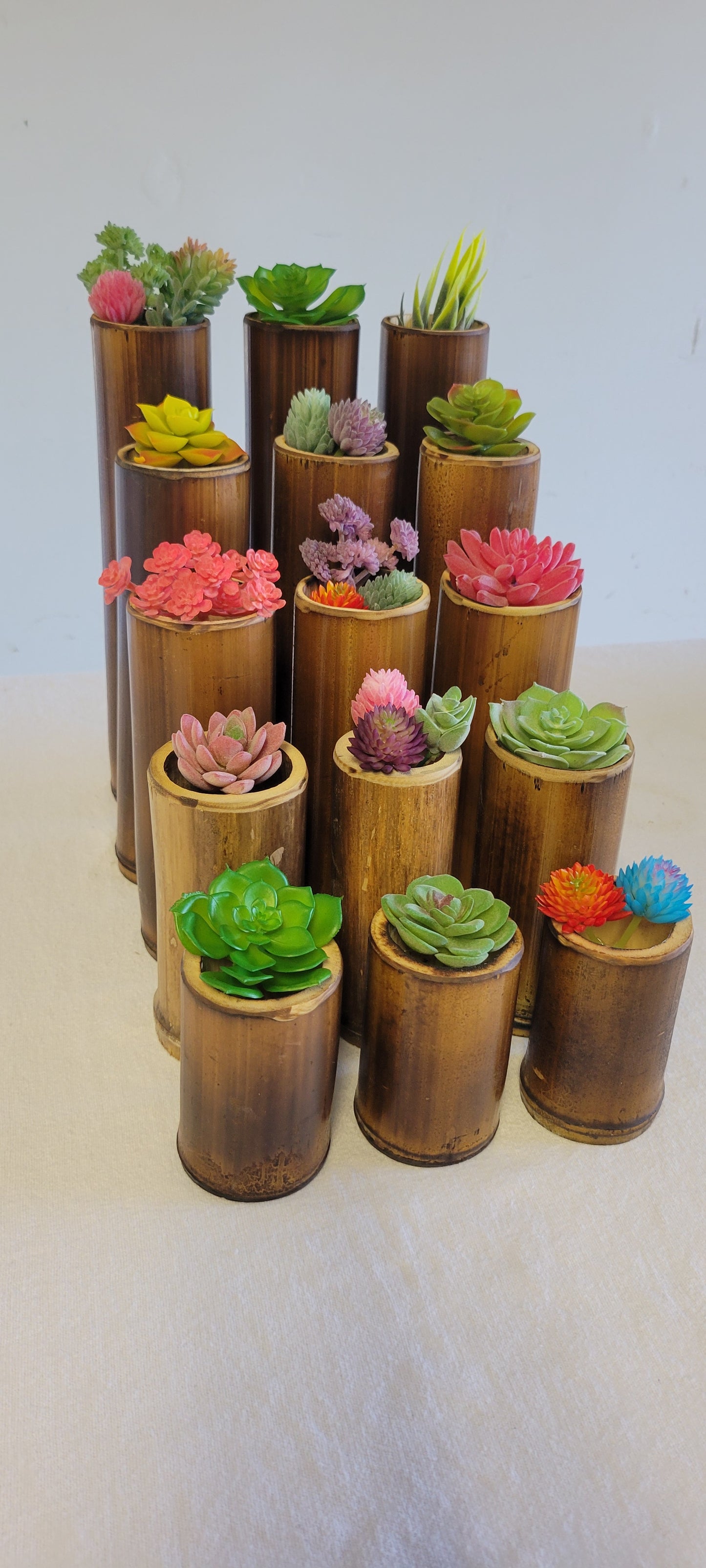 2.5"-3" Diameter - Flamed Bamboo Item Holder, Set Of 3. Choose from 4", 6", 8", 10" 12" heights. Flowers, brushes, pens, succulents, vases