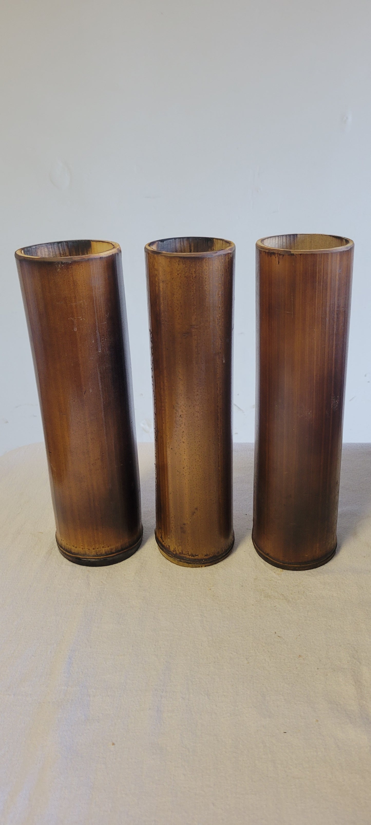 3"-3.5" Diameter - Flamed Bamboo Item Holder, Set Of 3. Choose from 4", 6", 8", 10" 12" heights. Flowers, brushes, pens, succulents, vases