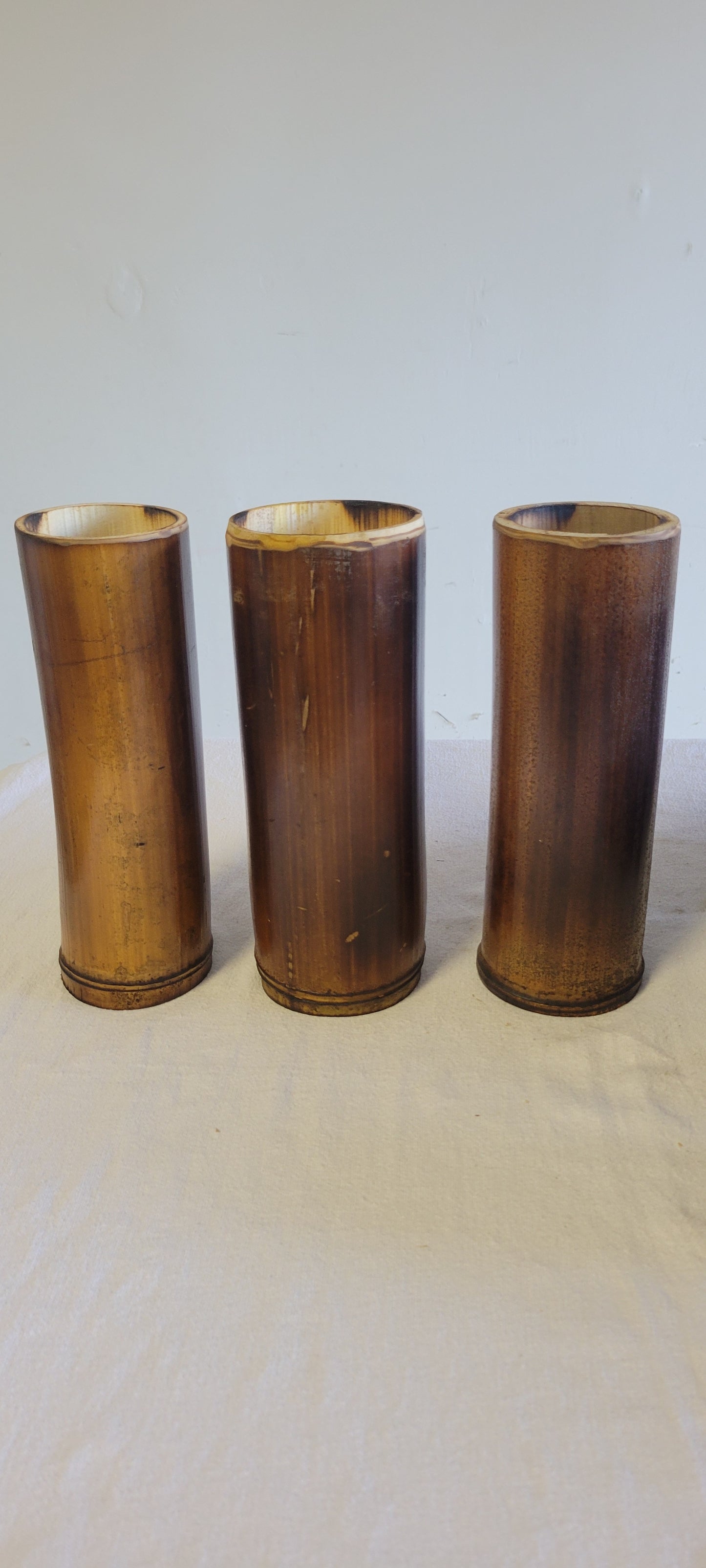 3"-3.5" Diameter - Flamed Bamboo Item Holder, Set Of 3. Choose from 4", 6", 8", 10" 12" heights. Flowers, brushes, pens, succulents, vases