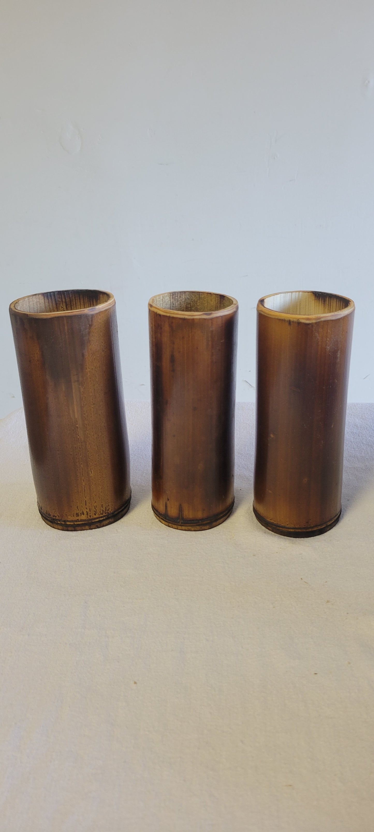 3"-3.5" Diameter - Flamed Bamboo Item Holder, Set Of 3. Choose from 4", 6", 8", 10" 12" heights. Flowers, brushes, pens, succulents, vases