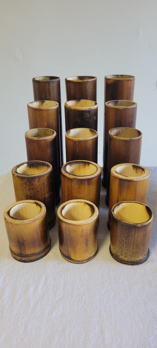 3"-3.5" Diameter - Flamed Bamboo Item Holder, Set Of 3. Choose from 4", 6", 8", 10" 12" heights. Flowers, brushes, pens, succulents, vases