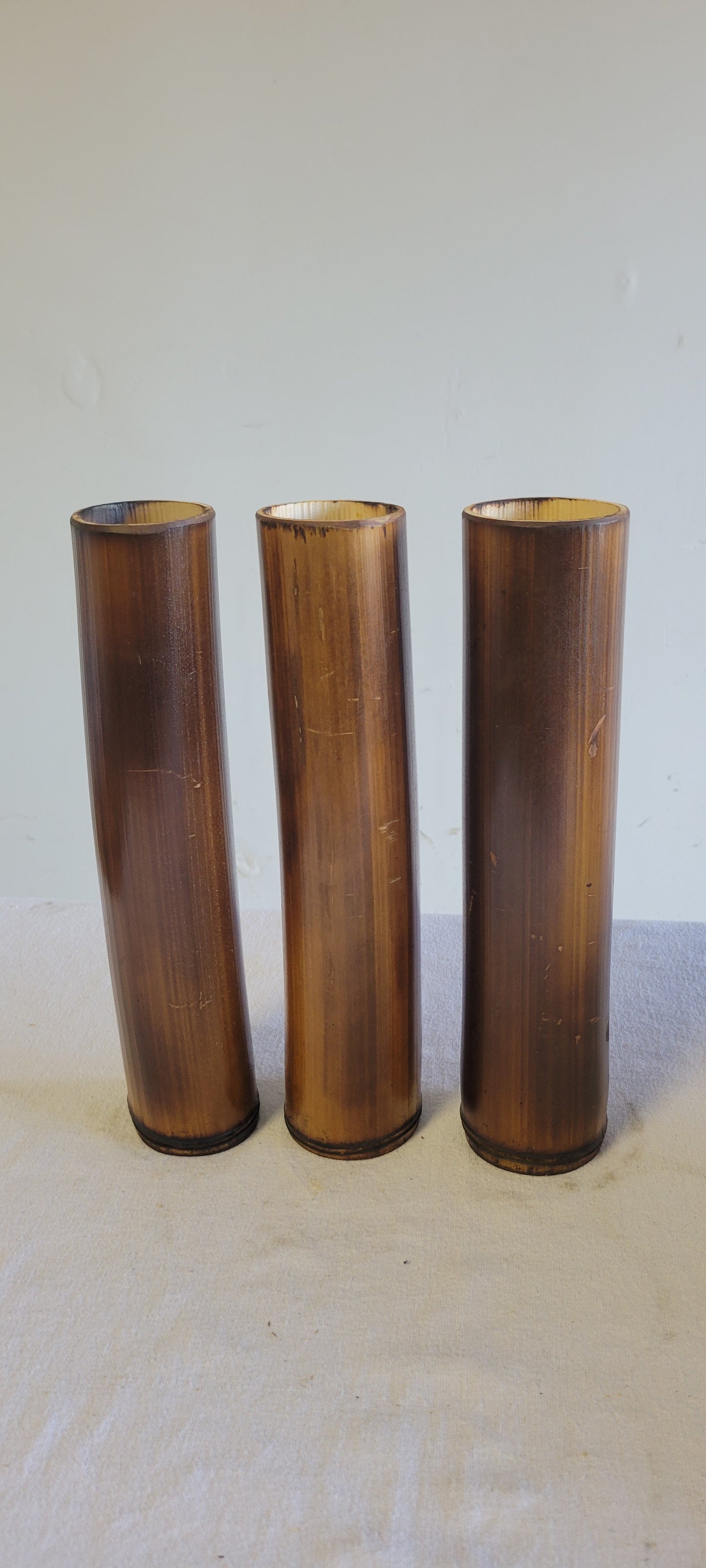 2.5"-3" Diameter - Flamed Bamboo Item Holder, Set Of 3. Choose from 4", 6", 8", 10" 12" heights. Flowers, brushes, pens, succulents, vases