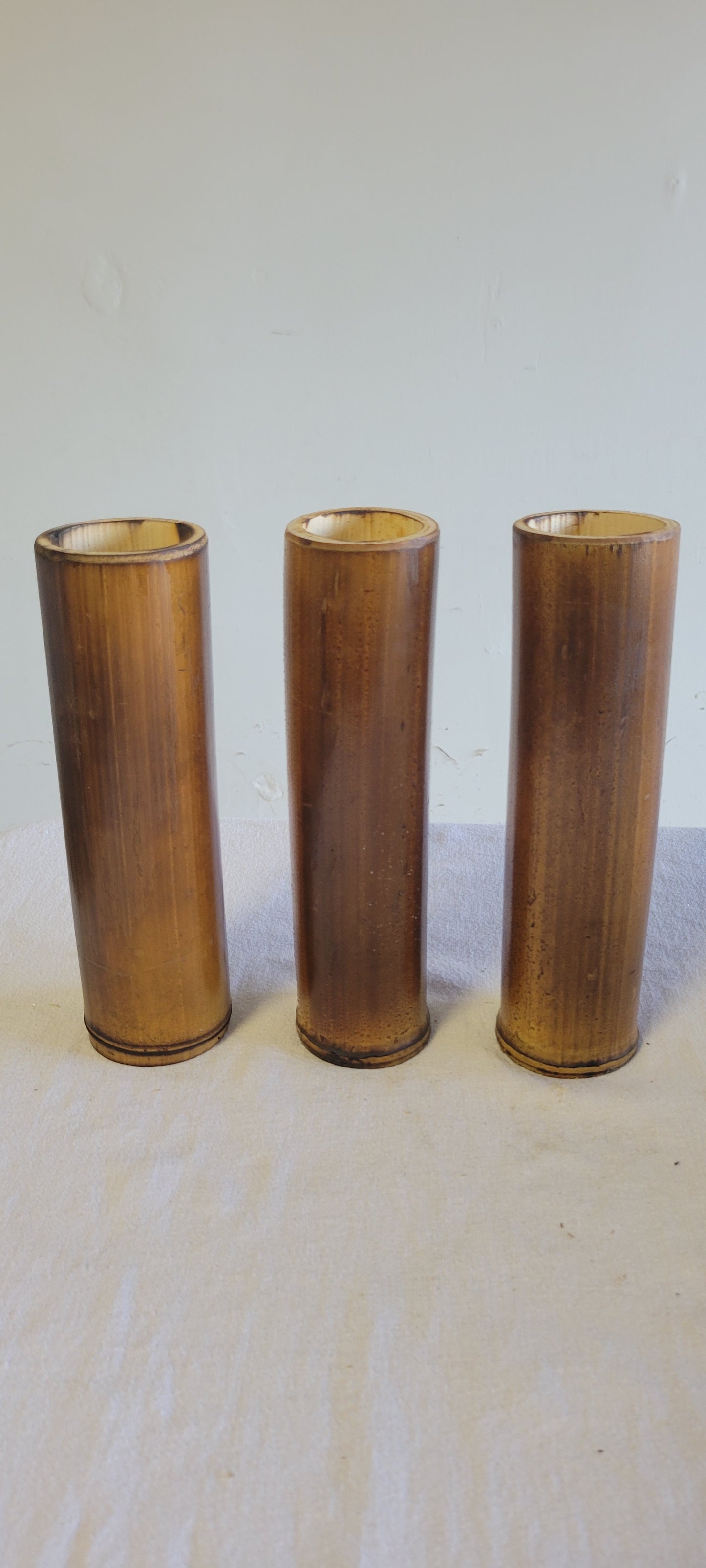 2.5"-3" Diameter - Flamed Bamboo Item Holder, Set Of 3. Choose from 4", 6", 8", 10" 12" heights. Flowers, brushes, pens, succulents, vases