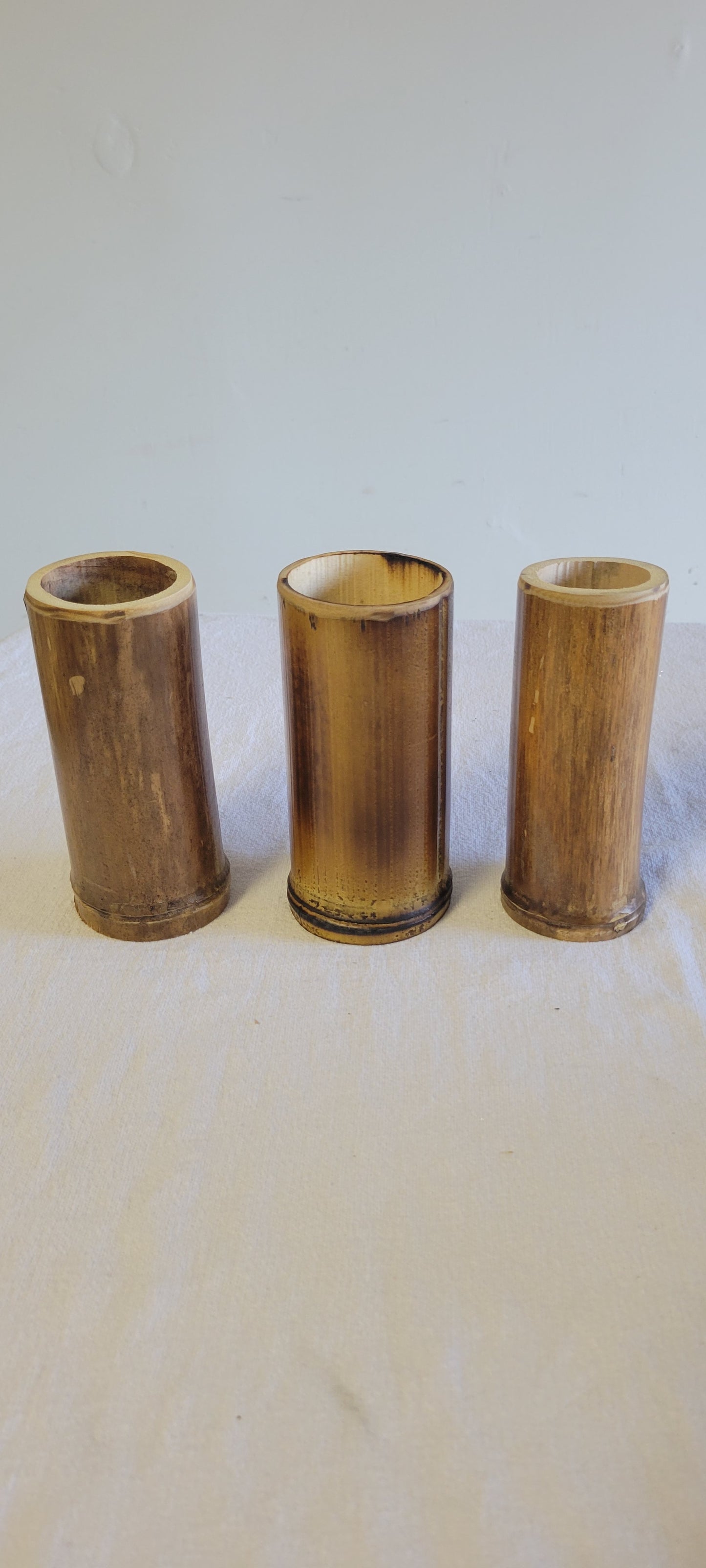 2.5"-3" Diameter - Flamed Bamboo Item Holder, Set Of 3. Choose from 4", 6", 8", 10" 12" heights. Flowers, brushes, pens, succulents, vases