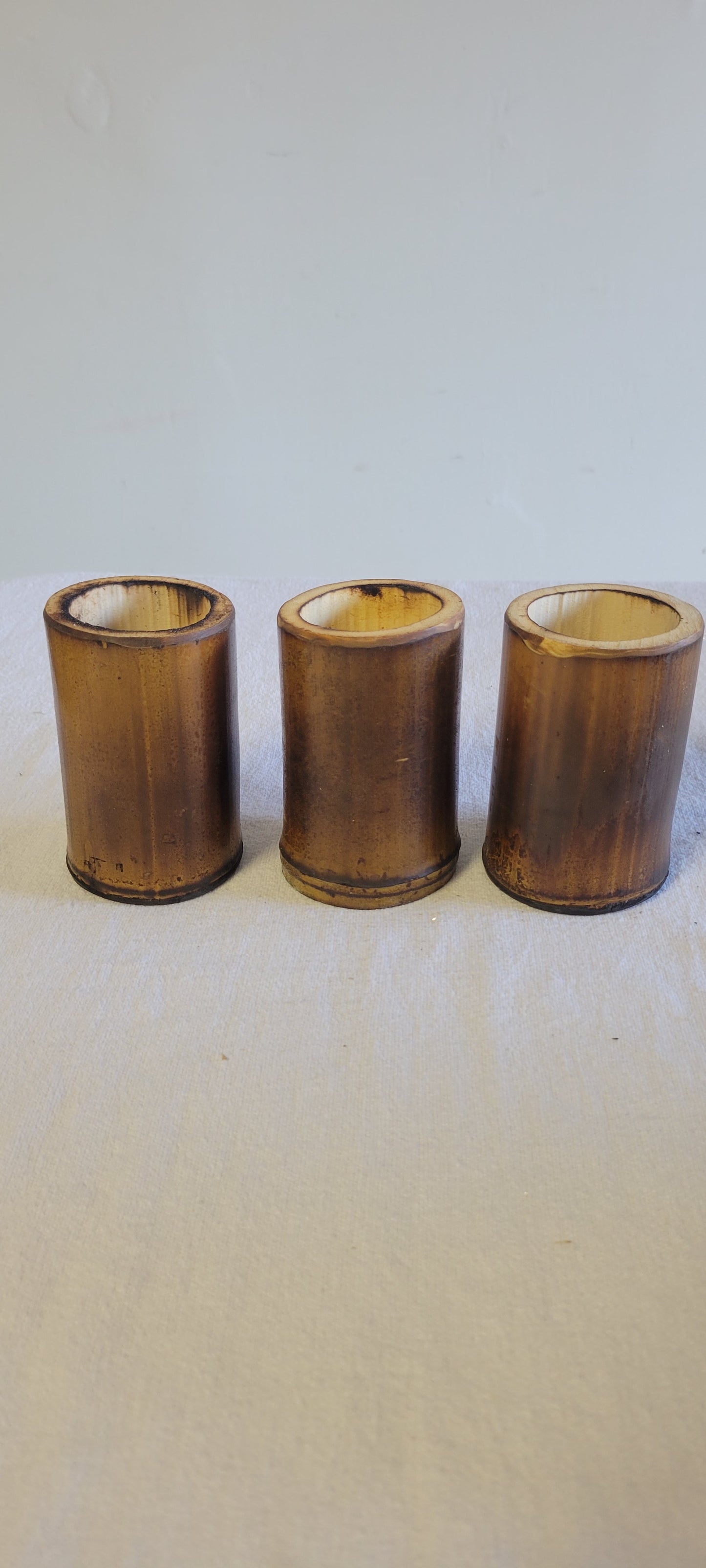 2.5"-3" Diameter - Flamed Bamboo Item Holder, Set Of 3. Choose from 4", 6", 8", 10" 12" heights. Flowers, brushes, pens, succulents, vases