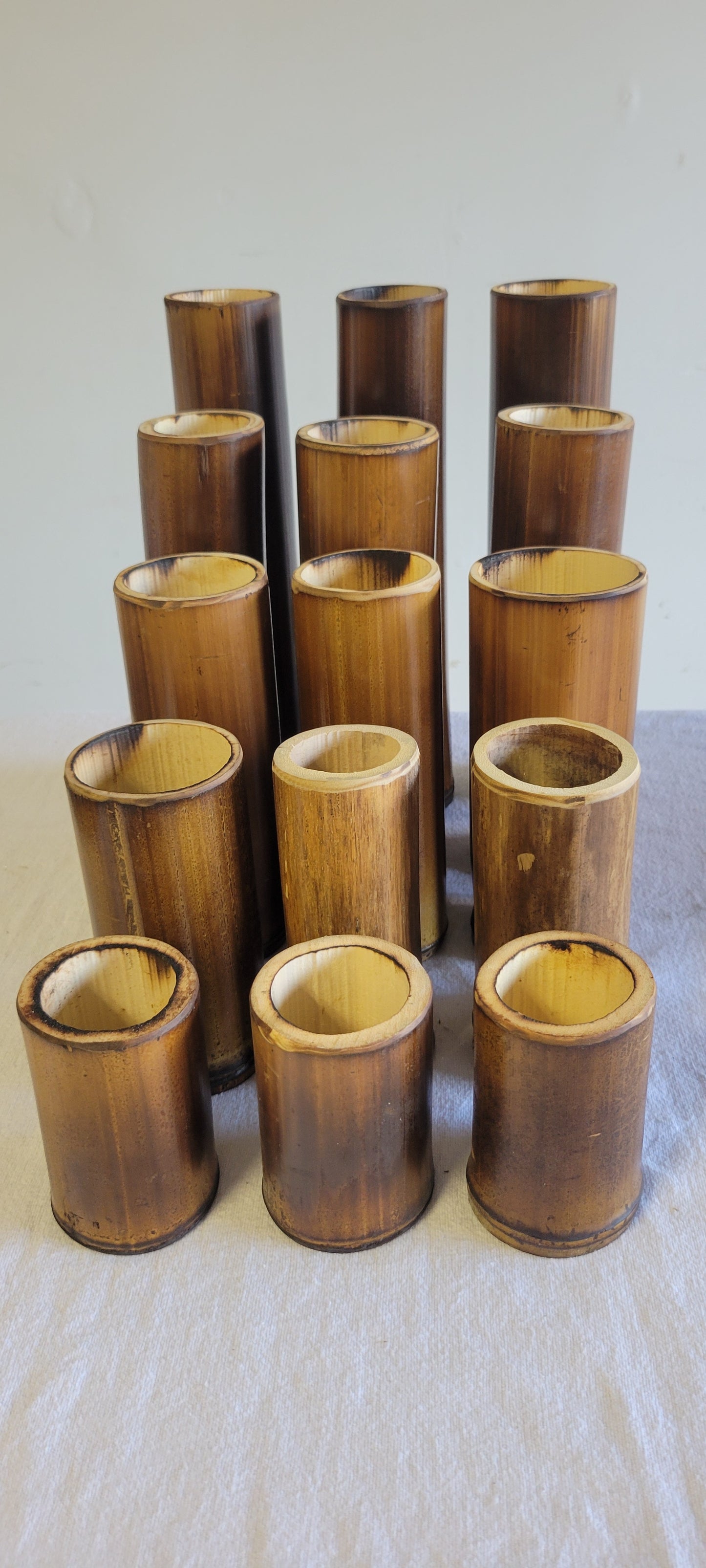 2.5"-3" Diameter - Flamed Bamboo Item Holder, Set Of 3. Choose from 4", 6", 8", 10" 12" heights. Flowers, brushes, pens, succulents, vases