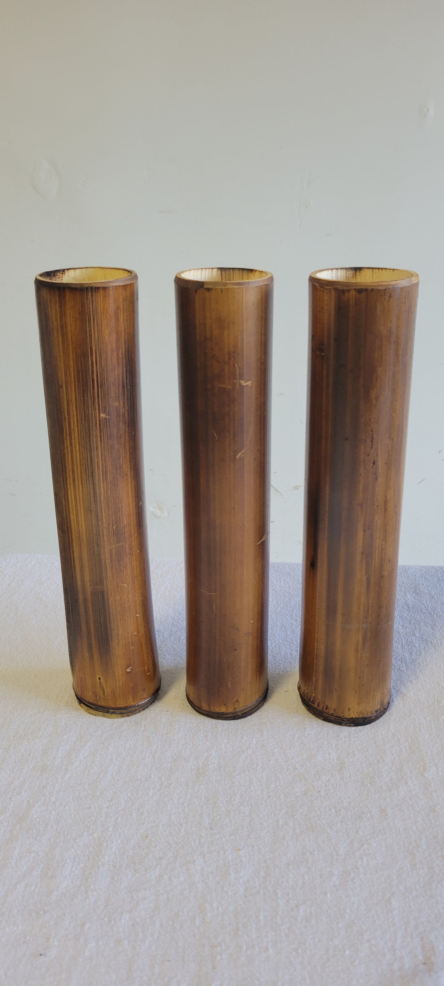 2"-2.5" Diameter - Flamed Bamboo Item Holder, Set Of 3. Choose from 4", 6", 8", 10" 12" heights. Flowers, brushes, pens, succulents, vases