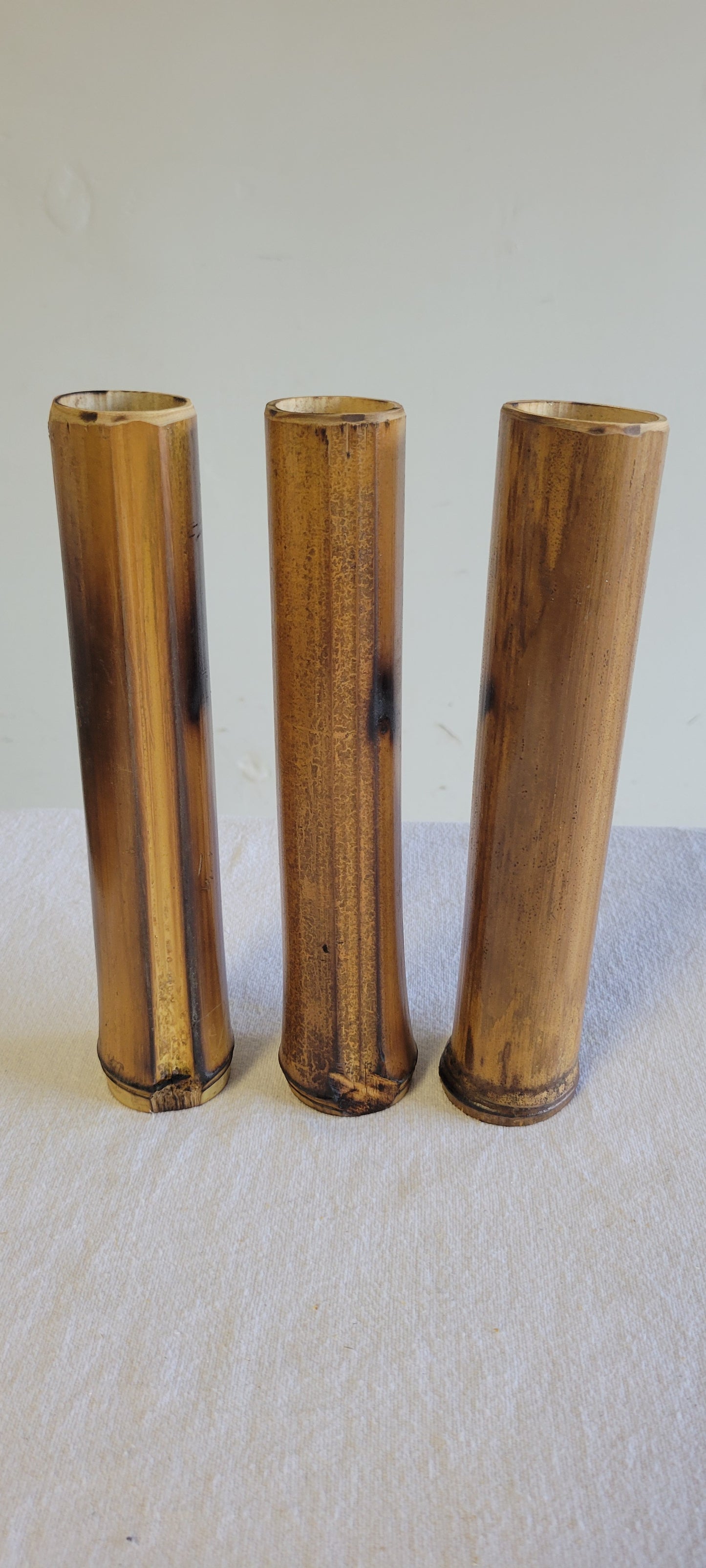 2"-2.5" Diameter - Flamed Bamboo Item Holder, Set Of 3. Choose from 4", 6", 8", 10" 12" heights. Flowers, brushes, pens, succulents, vases