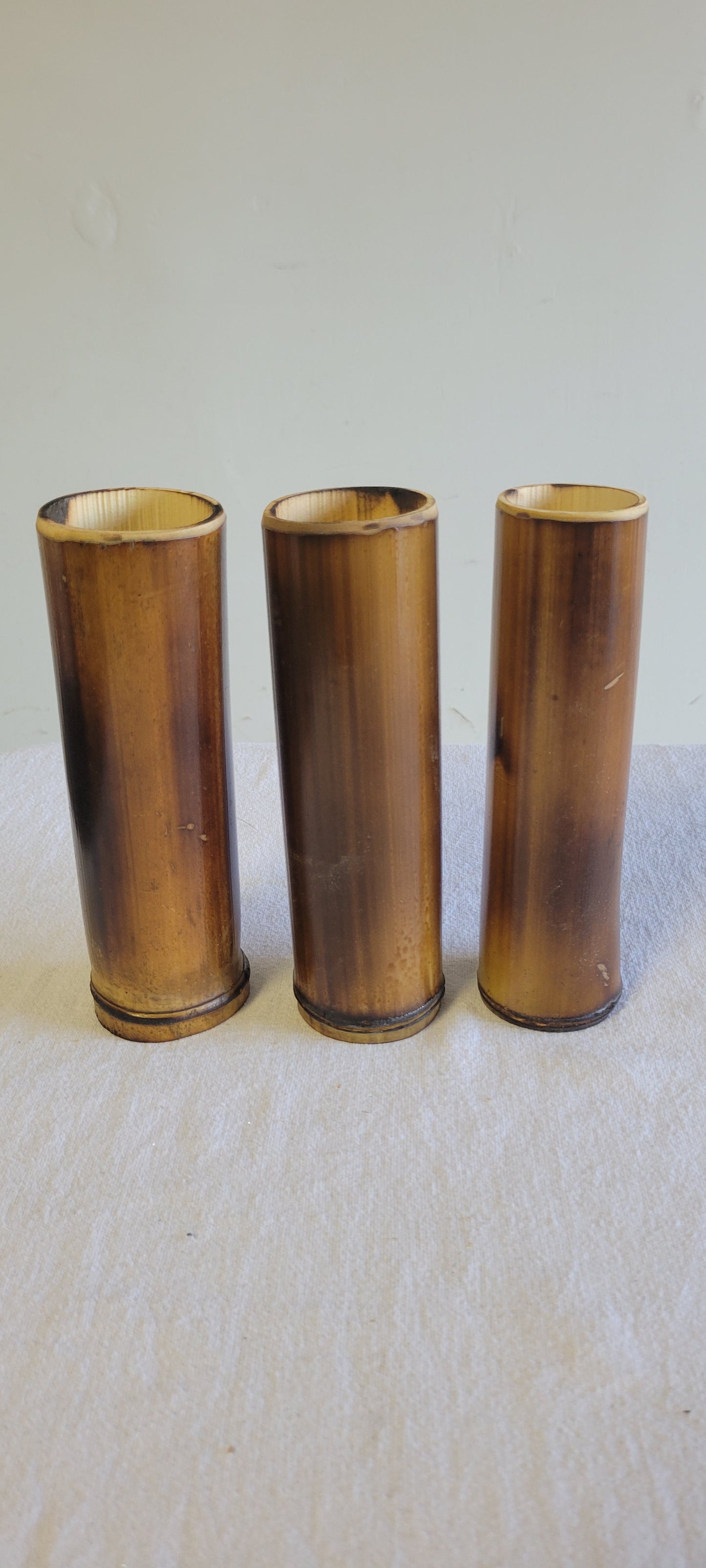 2"-2.5" Diameter - Flamed Bamboo Item Holder, Set Of 3. Choose from 4", 6", 8", 10" 12" heights. Flowers, brushes, pens, succulents, vases