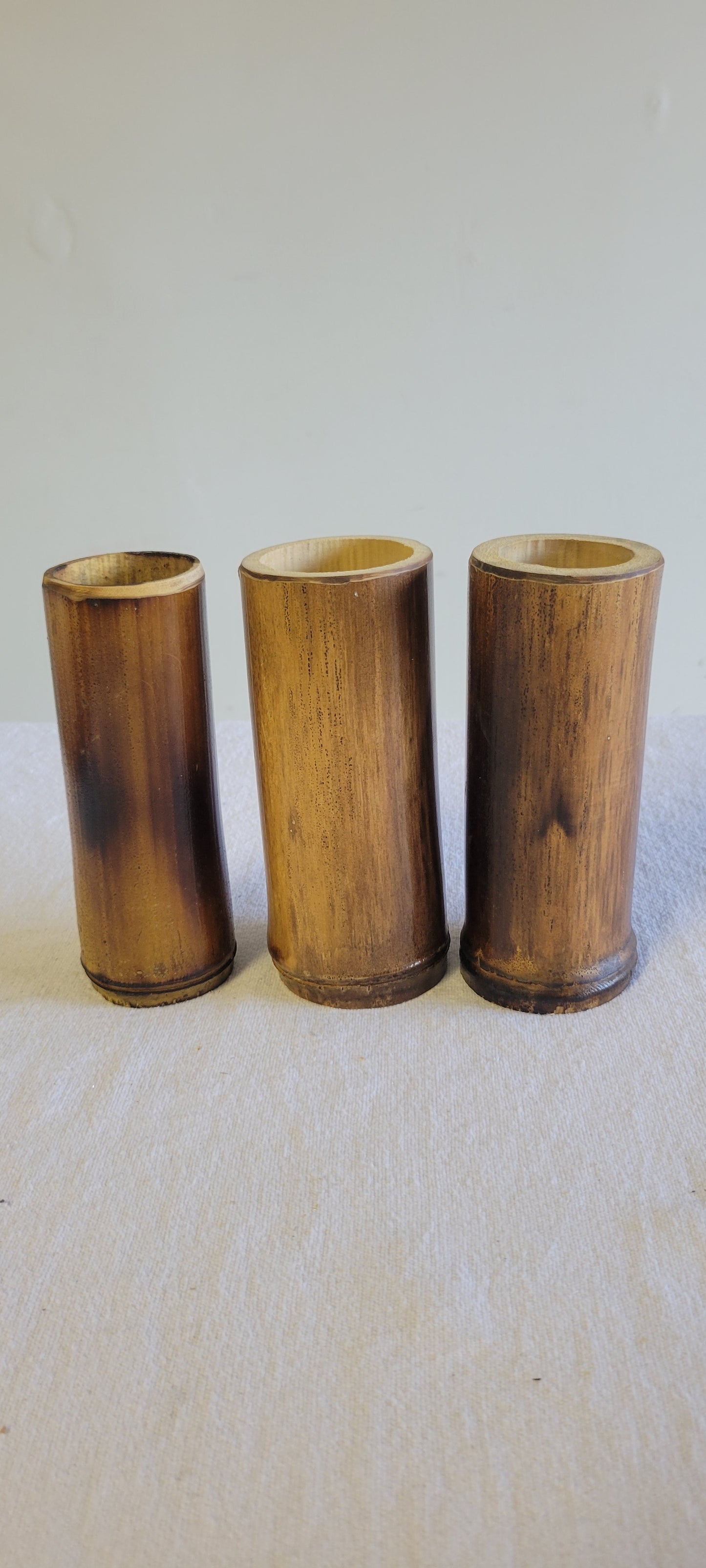 2"-2.5" Diameter - Flamed Bamboo Item Holder, Set Of 3. Choose from 4", 6", 8", 10" 12" heights. Flowers, brushes, pens, succulents, vases