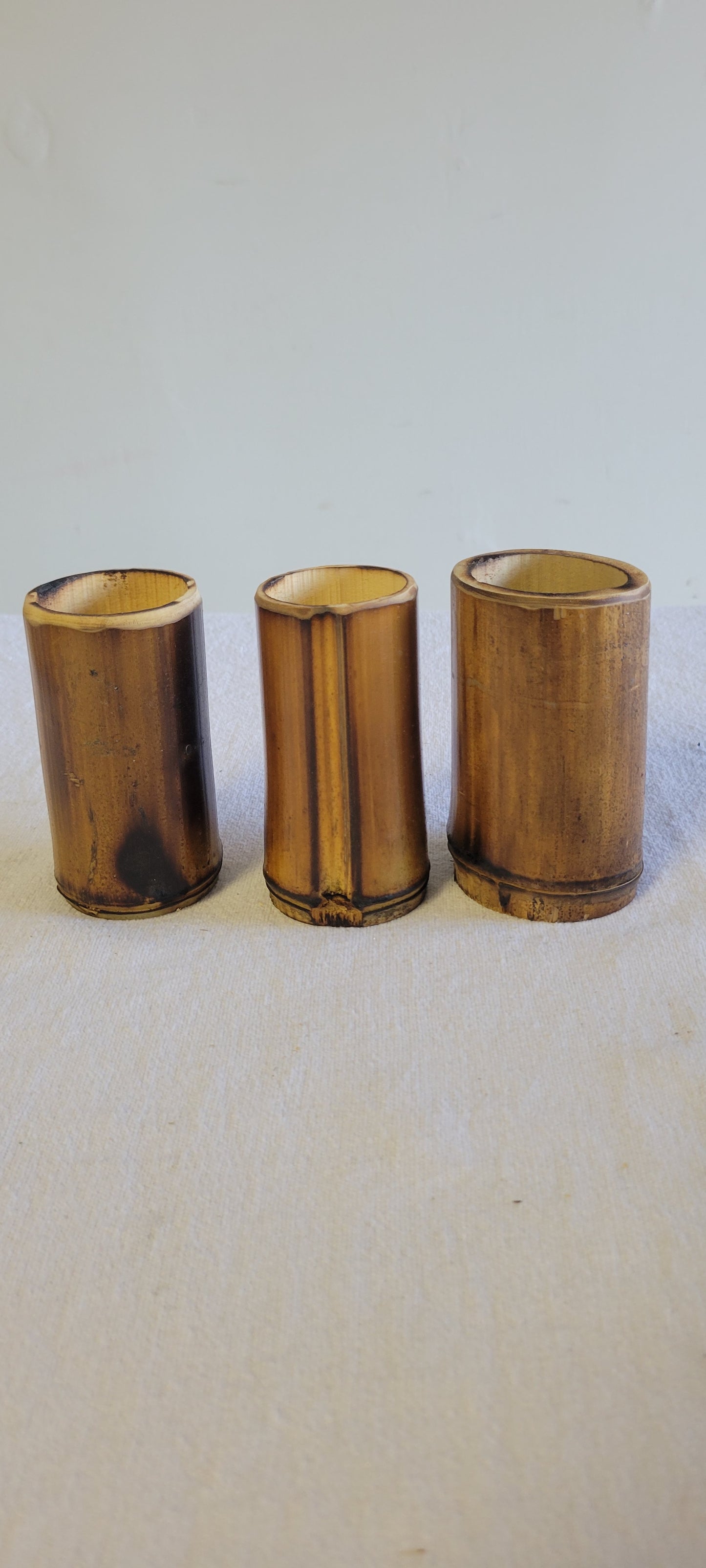 2"-2.5" Diameter - Flamed Bamboo Item Holder, Set Of 3. Choose from 4", 6", 8", 10" 12" heights. Flowers, brushes, pens, succulents, vases